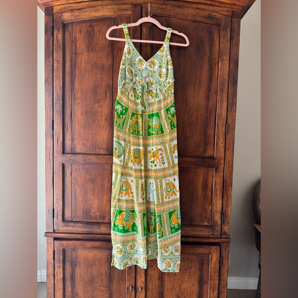 Vintage Scarf Midi Dress Cotton Elephant Print Orange Green Small Farm Rio - Picture 3 of 7